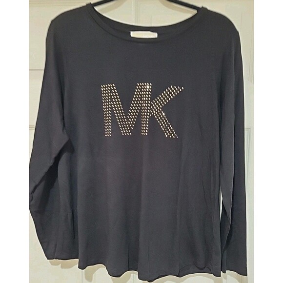 Womens Michael Kors Black Long Sleeved T-shirt MK Logo Gold Sparkles  1X - EUC - Picture 1 of 8